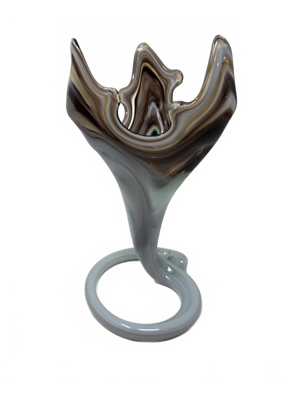 Vintage Hand Blown Art Glass Vase Trumpet Shape Swirl Brown Gray 10.75" - Picture 4 of 7